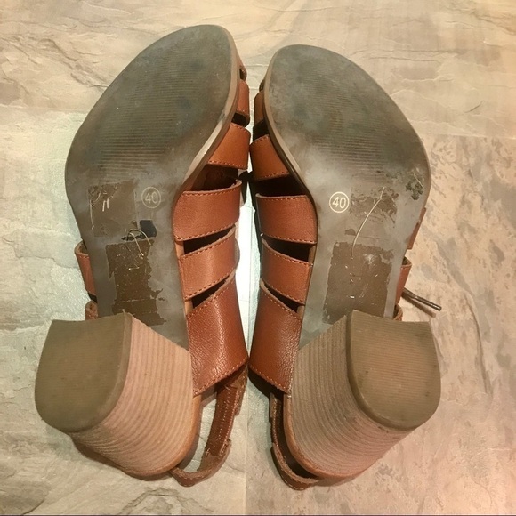 Retro Boho Topshop Brown Leather Sandals Block Heel Slingback Lace Up Size 40 - Picture 4 of 4